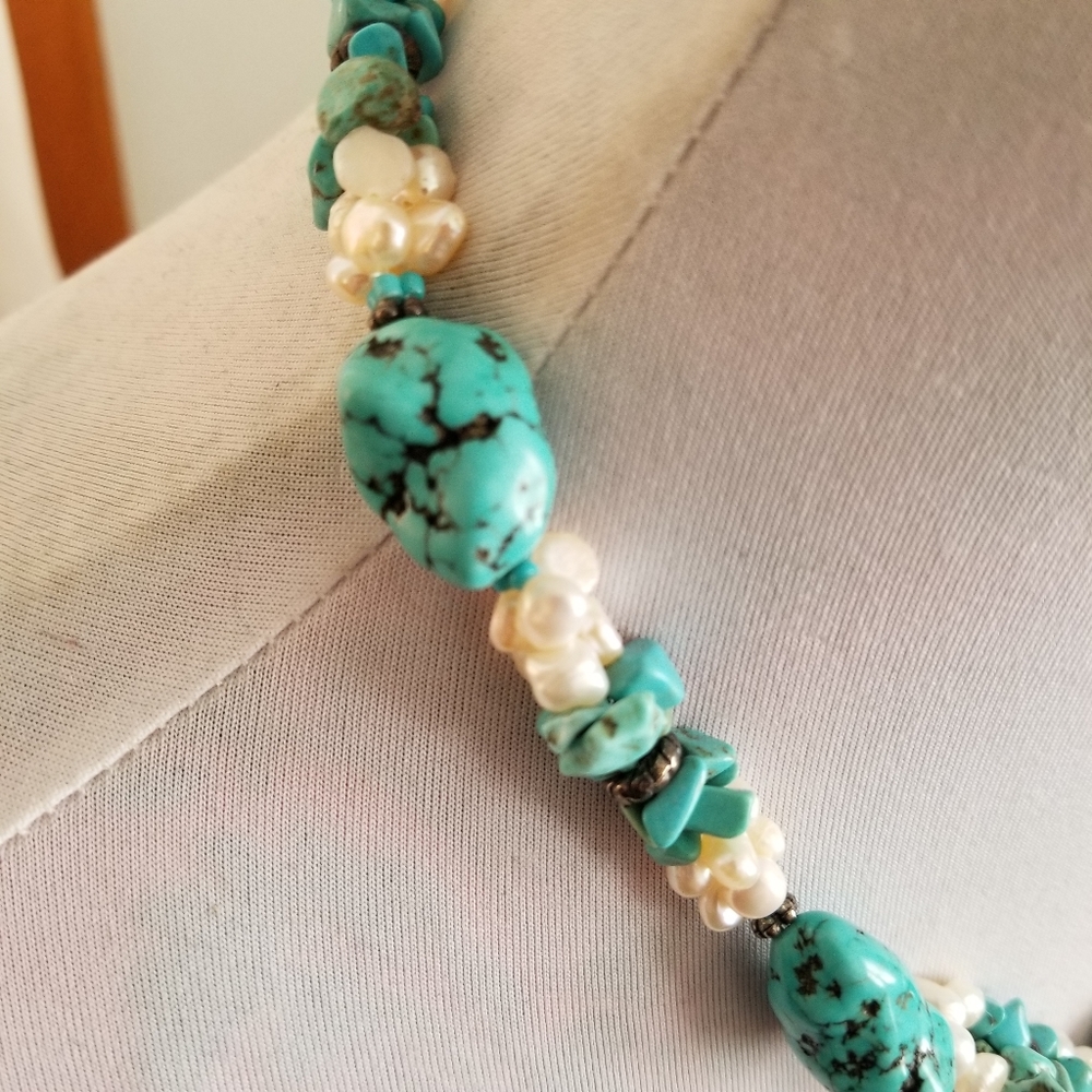 Necklace Southwestern Chunky real pearls and blue stone western style - Picture 14 of 17